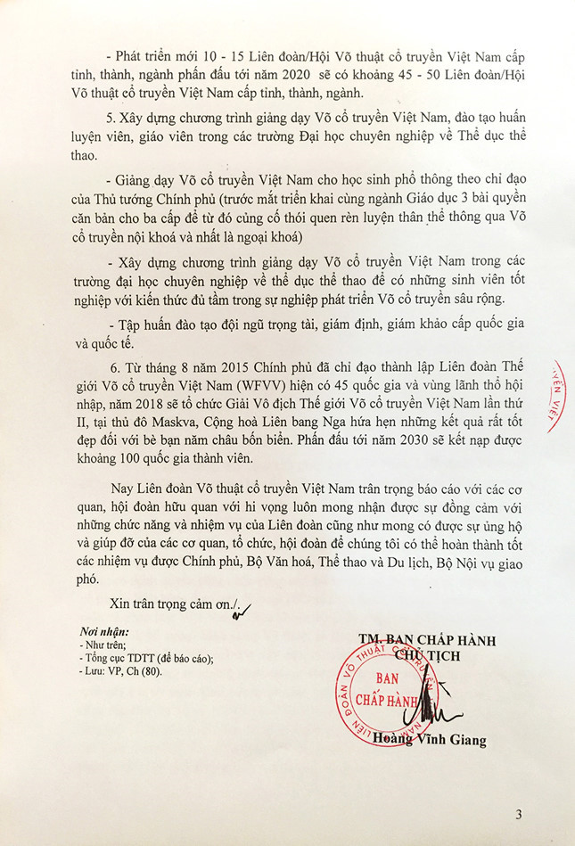Văn bản Liên đoàn Võ thuật Cổ truyền Việt Nam gửi các cơ quan ban ngành